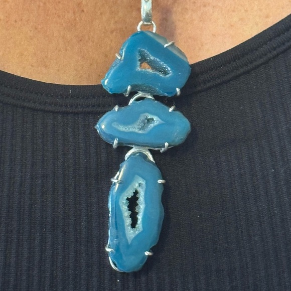 Long Agate Geode Slice. 925 Silver Plated. Handmade Pendant 3.3" - Picture 6 of 7